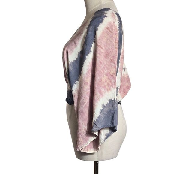 Tie-Dye Pink And Blue V-Neck Women's Crop Top - Picture 3 of 6
